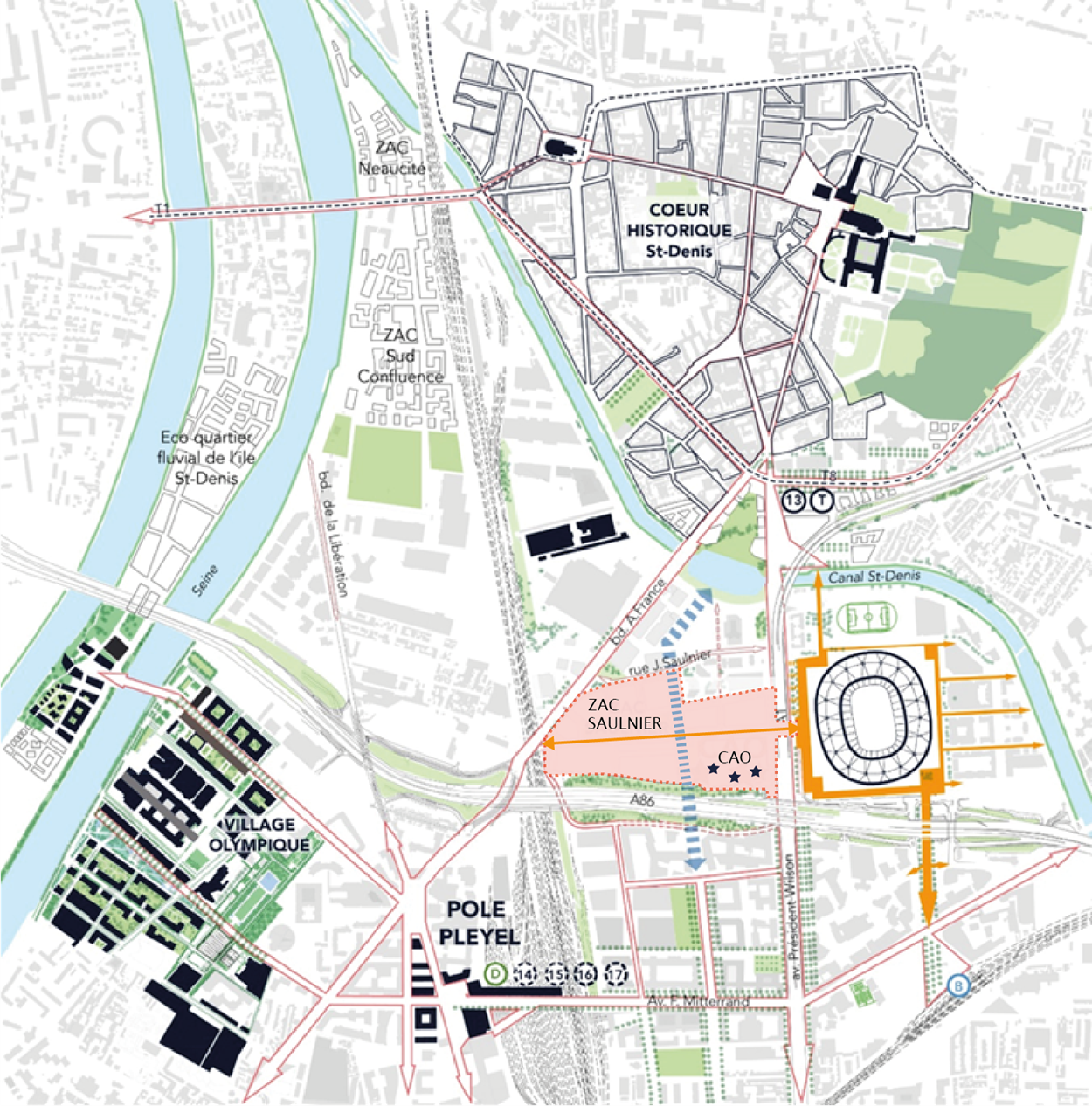 Plan de situation des projets à grande échelle urbaine (source : Leclercq Associés, 2018)