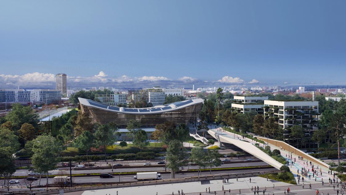 Pose de la passerelle reliant le Centre Aquatique Olympique au Stade de France